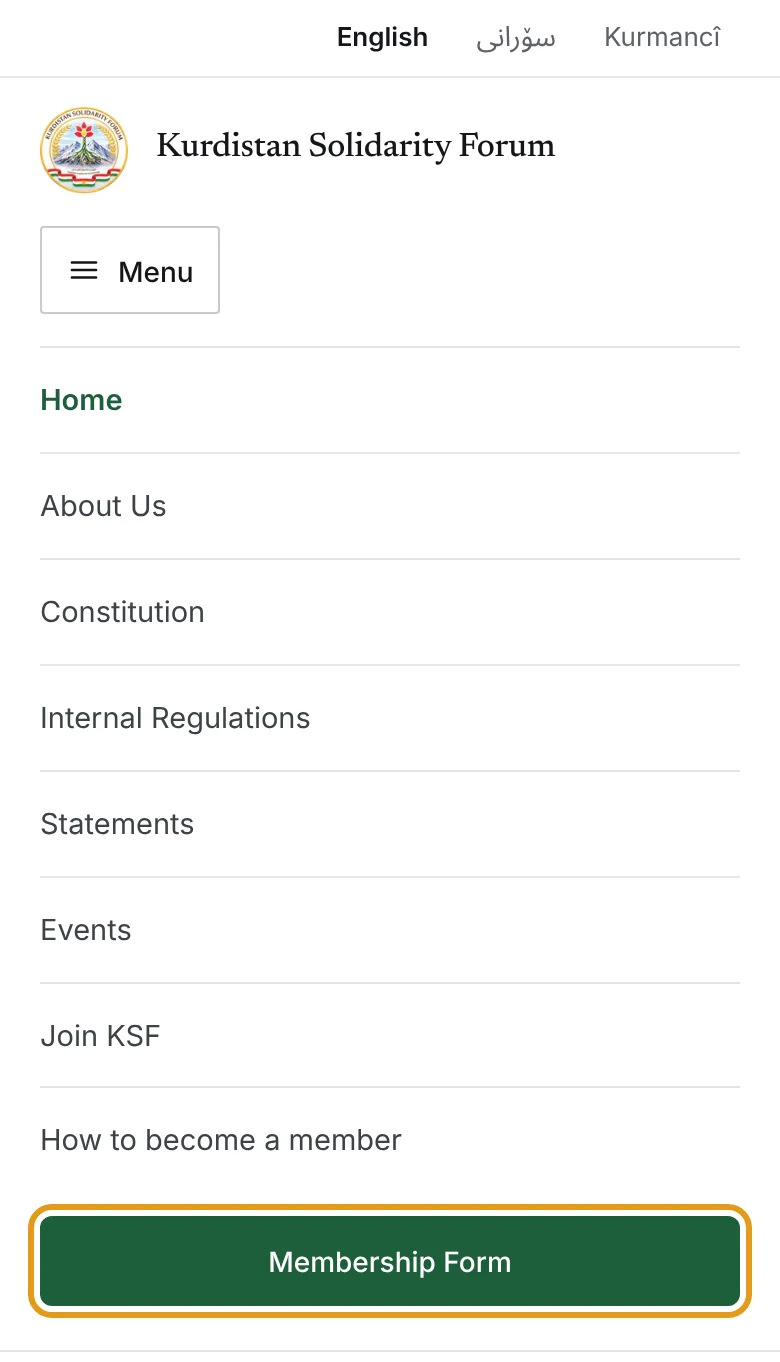 A phone showing the website menu, with the Membership Form button highlighted.