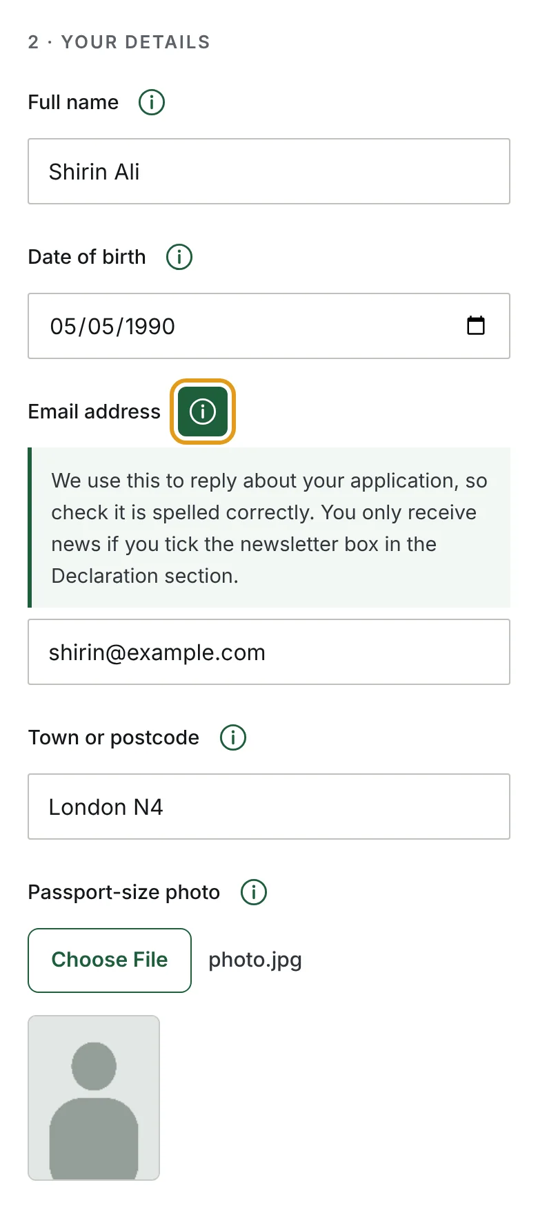 The details section filled in with example details and a photo, with the help box for the email address open.