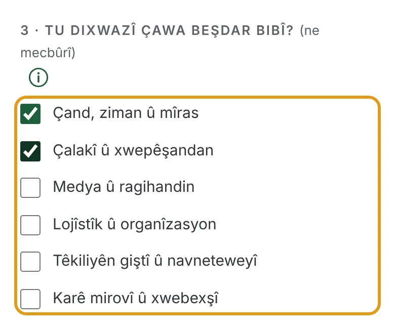 Beşa beşdariyê bi du warên nîşankirî.
