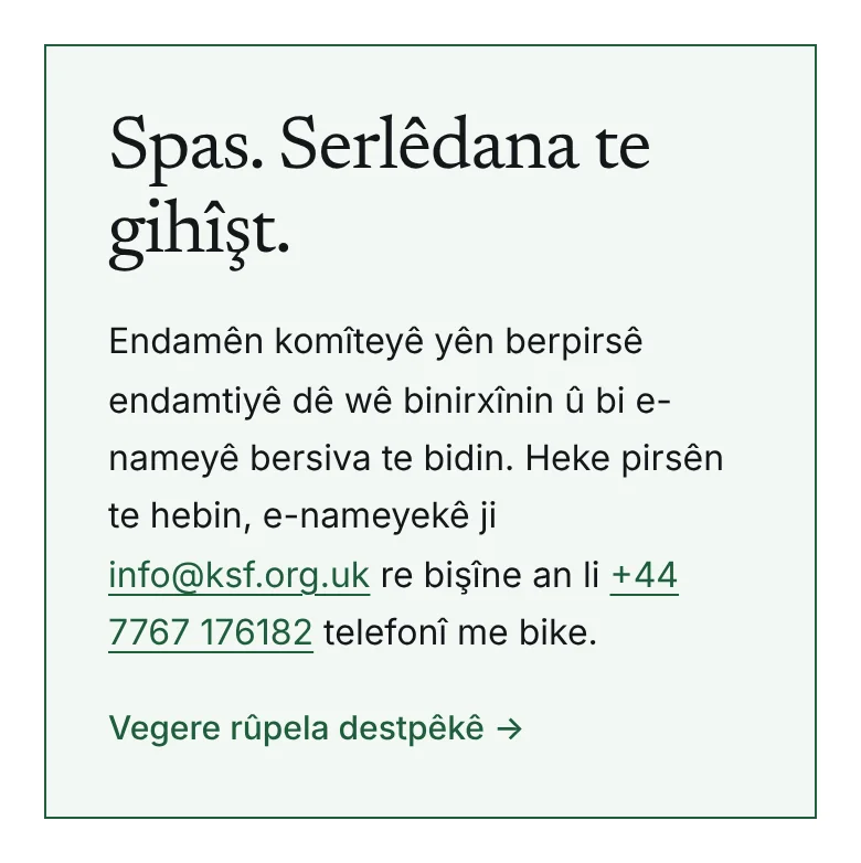 Rûpela spasiyê ku piştrast dike ku serlêdan gihîştiye.